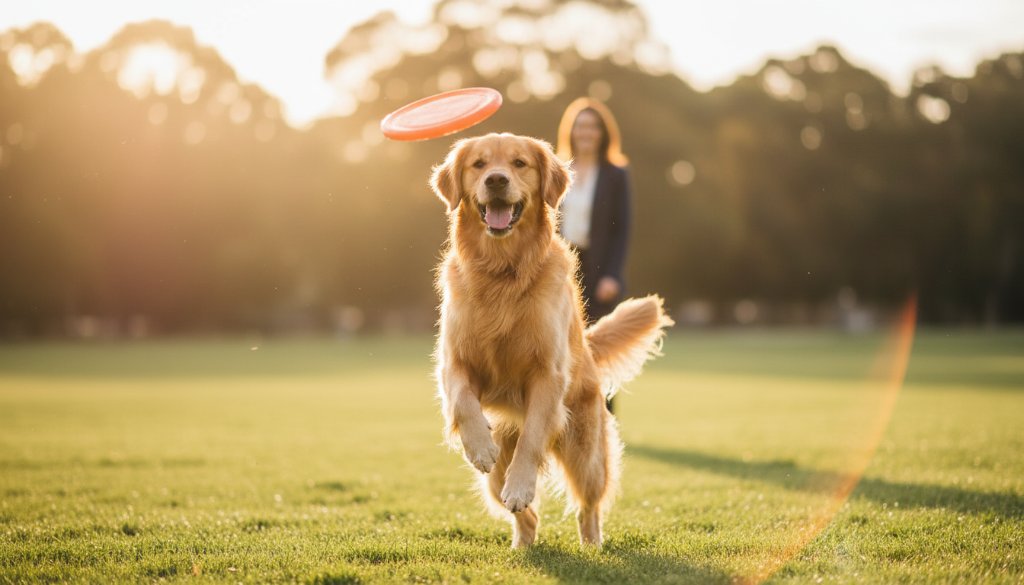 An epic, heartwarming professional photograph capturing a golden retriever joyfully leaping through a sun-drenched park in Wantirna South during a Wantirna South heartwarming pet photography sessions, with its owner smiling in the soft background, showcasing their deep bond.