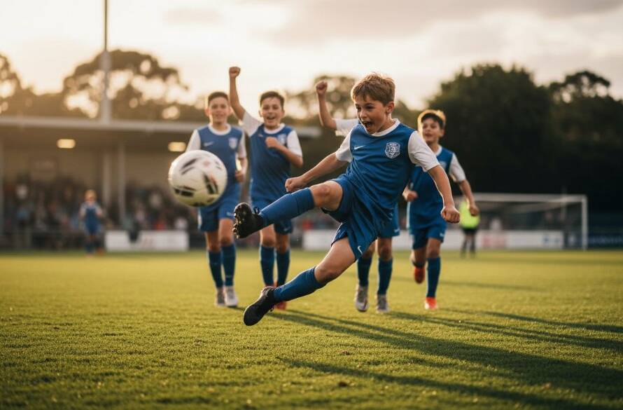 Dynamic wide-angle shot capturing a triumphant young athlete mid-jump after scoring, with teammates celebrating in the background, under dramatic stadium lighting at a Wantirna South junior sports photography event. The focus is on the elated expression and the energy of the moment, professionally color-graded.