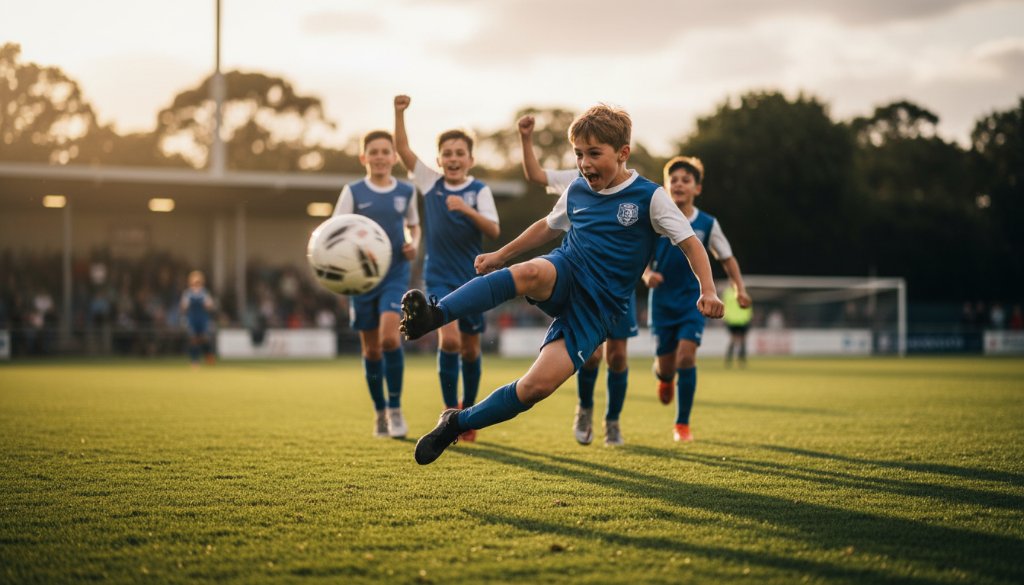 Dynamic wide-angle shot capturing a triumphant young athlete mid-jump after scoring, with teammates celebrating in the background, under dramatic stadium lighting at a Wantirna South junior sports photography event. The focus is on the elated expression and the energy of the moment, professionally color-graded.
