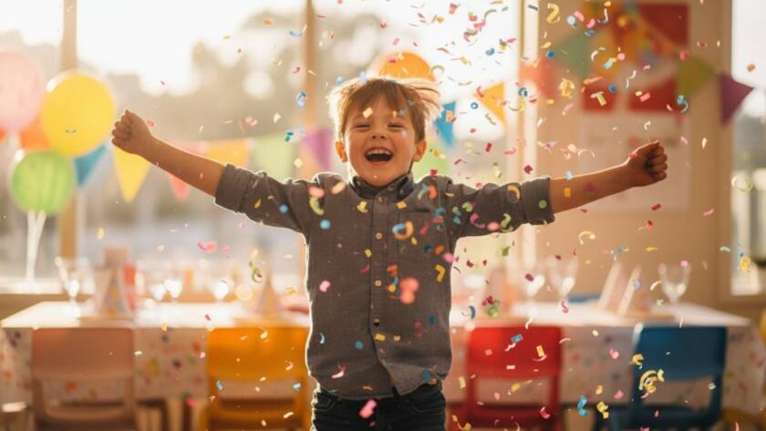 A vibrant, candid wide-angle shot capturing the pure joy of children laughing and playing under colourful streamers at a birthday party in a Wantirna South community hall, with the 'Wantirna South kids party photography unforgettable moments' perfectly frozen in time, dramatic lighting highlighting their expressions.