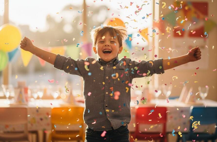A vibrant, candid wide-angle shot capturing the pure joy of children laughing and playing under colourful streamers at a birthday party in a Wantirna South community hall, with the 'Wantirna South kids party photography unforgettable moments' perfectly frozen in time, dramatic lighting highlighting their expressions.