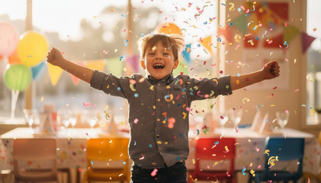 A vibrant, candid wide-angle shot capturing the pure joy of children laughing and playing under colourful streamers at a birthday party in a Wantirna South community hall, with the 'Wantirna South kids party photography unforgettable moments' perfectly frozen in time, dramatic lighting highlighting their expressions.