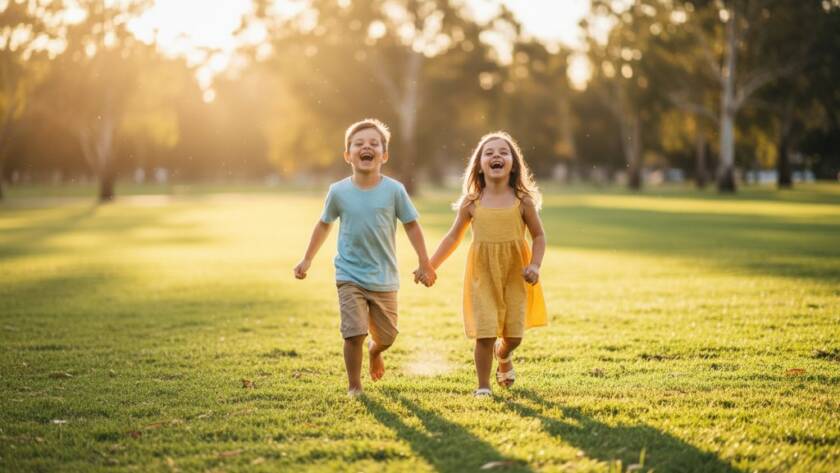 A joyous wide-angle photograph capturing a Wantirna South Kids Photography Candid Moment, showing two children laughing as they run through a sun-drenched park in Wantirna South, dramatic golden hour light, professional colour grading, shallow depth of field, epic and emotional.