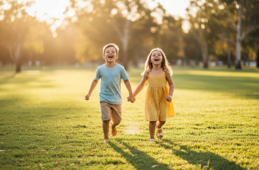 A joyous wide-angle photograph capturing a Wantirna South Kids Photography Candid Moment, showing two children laughing as they run through a sun-drenched park in Wantirna South, dramatic golden hour light, professional colour grading, shallow depth of field, epic and emotional.