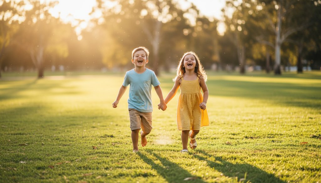 A joyous wide-angle photograph capturing a Wantirna South Kids Photography Candid Moment, showing two children laughing as they run through a sun-drenched park in Wantirna South, dramatic golden hour light, professional colour grading, shallow depth of field, epic and emotional.