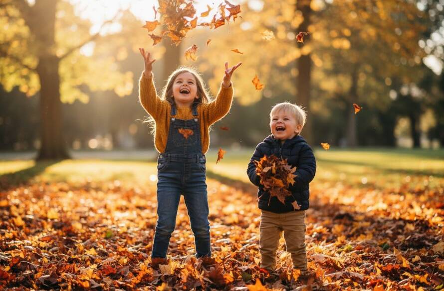 An epic moment captured during a Wantirna South kids photography outdoor candid moments session, featuring two children laughing joyfully amidst sun-dappled trees in a local Wantirna South park, with dramatic backlighting and vibrant colours.