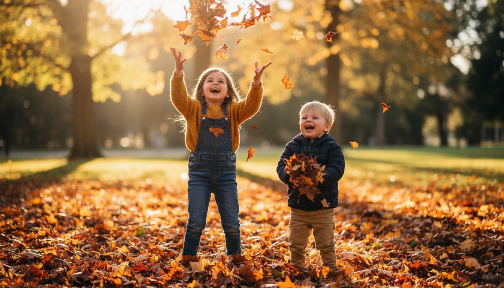 An epic moment captured during a Wantirna South kids photography outdoor candid moments session, featuring two children laughing joyfully amidst sun-dappled trees in a local Wantirna South park, with dramatic backlighting and vibrant colours.