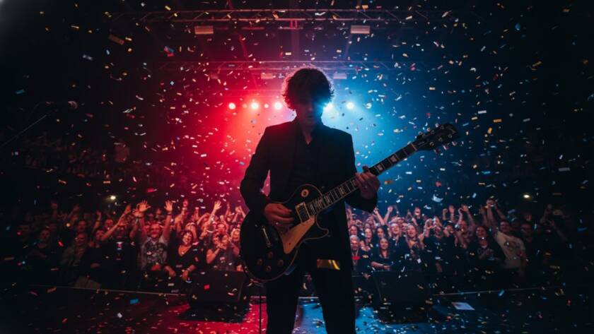 Dynamic Wantirna South live concert photography of a lead singer silhouetted against vibrant stage lights, capturing an epic moment of local music vibrancy with intense energy and crowd interaction.