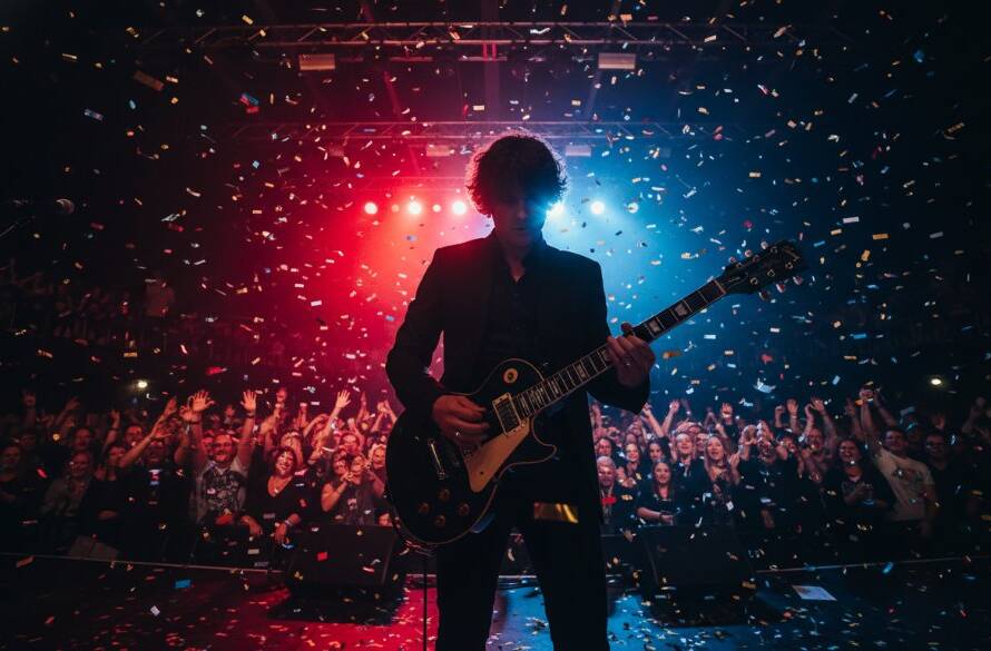 Dynamic Wantirna South live concert photography of a lead singer silhouetted against vibrant stage lights, capturing an epic moment of local music vibrancy with intense energy and crowd interaction.