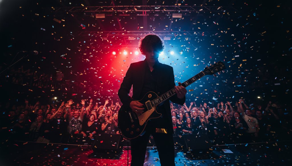 Dynamic Wantirna South live concert photography of a lead singer silhouetted against vibrant stage lights, capturing an epic moment of local music vibrancy with intense energy and crowd interaction.