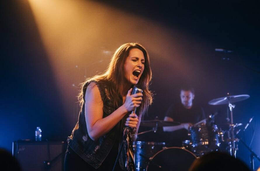Dynamic, wide-angle shot of a lead guitarist mid-shred on stage, bathed in vibrant magenta and blue stage lights, with a cheering crowd silhouetted in the background, showcasing Wantirna South live music photography excellence.