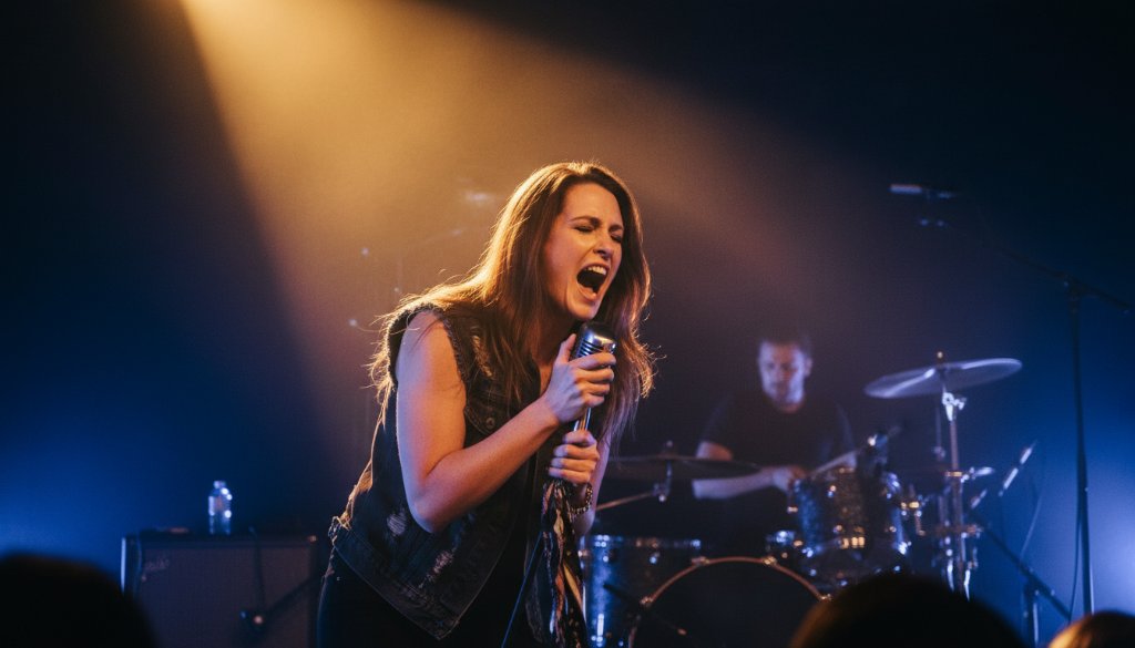 Dynamic, wide-angle shot of a lead guitarist mid-shred on stage, bathed in vibrant magenta and blue stage lights, with a cheering crowd silhouetted in the background, showcasing Wantirna South live music photography excellence.
