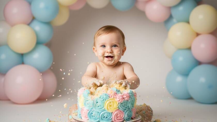 An adorable one-year-old child, giggling with cake smeared on their face and hands, seated amidst a whimsical pastel balloon arch and confetti on a soft mat, capturing the essence of Wantirna South magical first birthday cake smash photography. The scene is lit with professional, soft dramatic lighting and features vibrant, joyful colours.