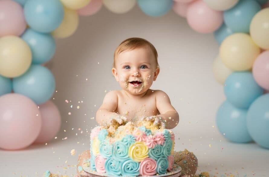 An adorable one-year-old child, giggling with cake smeared on their face and hands, seated amidst a whimsical pastel balloon arch and confetti on a soft mat, capturing the essence of Wantirna South magical first birthday cake smash photography. The scene is lit with professional, soft dramatic lighting and features vibrant, joyful colours.