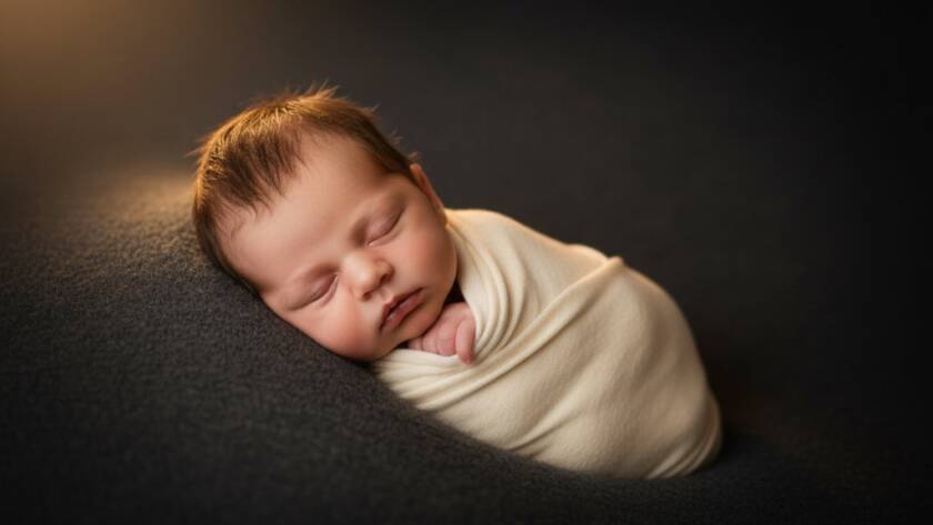 A stunning, dramatic portrait showcasing the delicate beauty of a newborn baby in Wantirna South, cradled gently with soft, cinematic lighting, embodying the artistry of Wantirna South Newborn Photography Art.