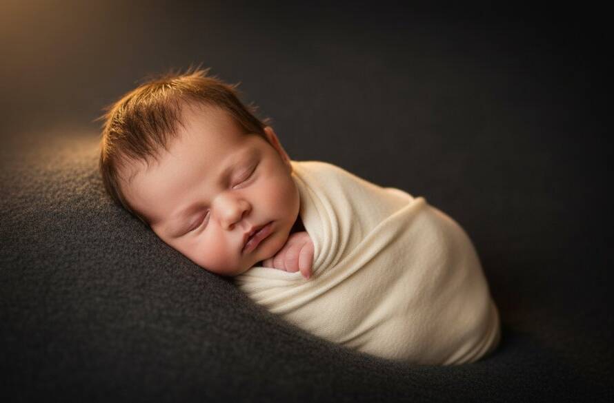 A stunning, dramatic portrait showcasing the delicate beauty of a newborn baby in Wantirna South, cradled gently with soft, cinematic lighting, embodying the artistry of Wantirna South Newborn Photography Art.