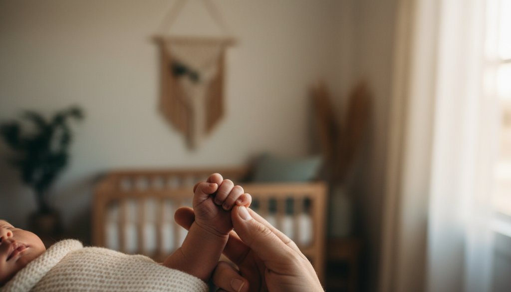 A serene Wantirna South newborn photography natural light studio shot featuring a sleeping baby wrapped in soft linen, bathed in golden sunlight, capturing a moment of pure innocence and peace.
