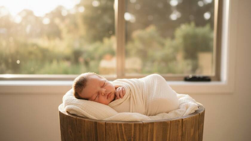 An angelic wide shot of a sleeping newborn baby wrapped in soft, cream fabric, gently cradled in a natural wooden bassinet bathed in a warm, ethereal glow of natural light streaming through a window, perfectly embodying a wantirna south newborn photography session natural light. The scene captures pure innocence and serenity with professional depth of field and soft colour grading.