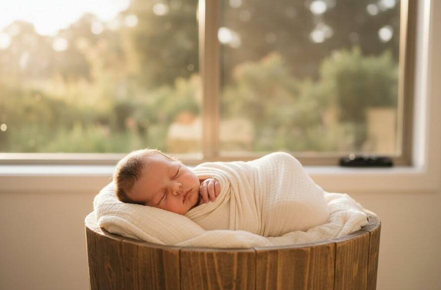 An angelic wide shot of a sleeping newborn baby wrapped in soft, cream fabric, gently cradled in a natural wooden bassinet bathed in a warm, ethereal glow of natural light streaming through a window, perfectly embodying a wantirna south newborn photography session natural light. The scene captures pure innocence and serenity with professional depth of field and soft colour grading.