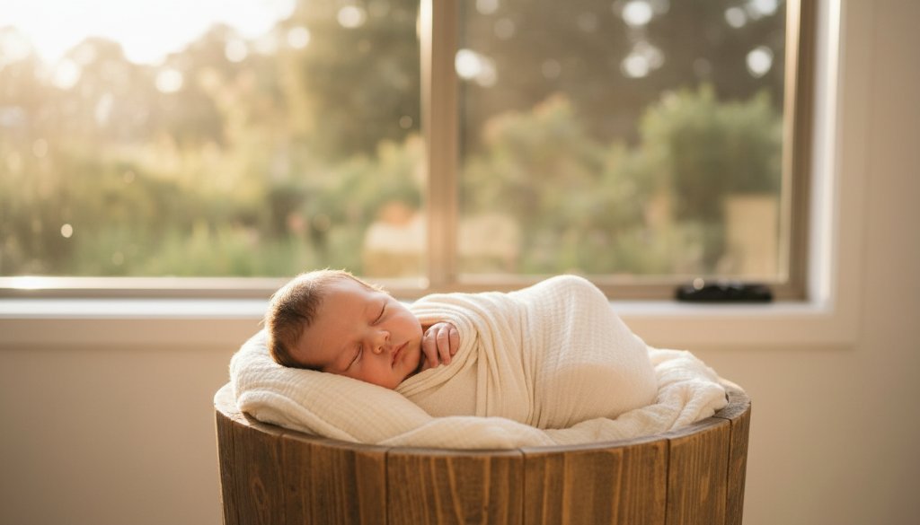 An angelic wide shot of a sleeping newborn baby wrapped in soft, cream fabric, gently cradled in a natural wooden bassinet bathed in a warm, ethereal glow of natural light streaming through a window, perfectly embodying a wantirna south newborn photography session natural light. The scene captures pure innocence and serenity with professional depth of field and soft colour grading.