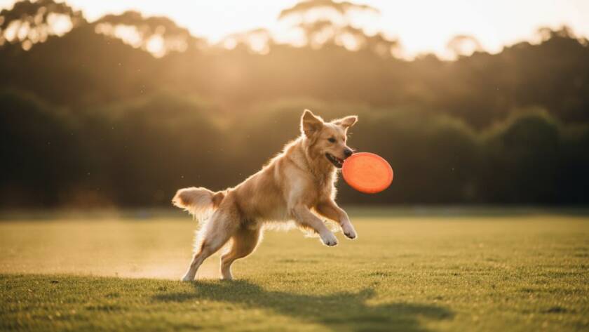 A majestic golden retriever, mid-leap, fetching a frisbee at Nortons Park, Wantirna South, bathed in golden hour light, captured by Wantirna South pet photography capturing genuine moments, showcasing pure joy and athleticism.