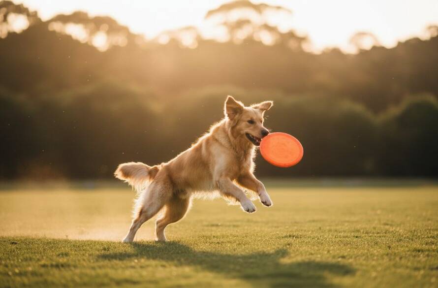 A majestic golden retriever, mid-leap, fetching a frisbee at Nortons Park, Wantirna South, bathed in golden hour light, captured by Wantirna South pet photography capturing genuine moments, showcasing pure joy and athleticism.