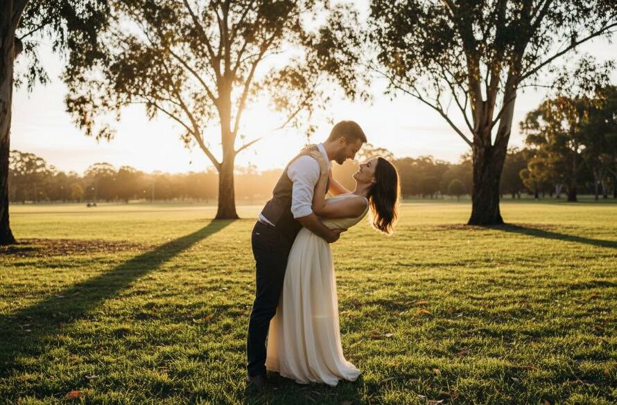 A stunning, cinematic 'epic moment' photograph of a couple embracing passionately during their Wantirna South romantic sunset engagement photography session in Wantirna South, bathed in the golden hour light, with lush Australian parklands in the background, showcasing their genuine connection.