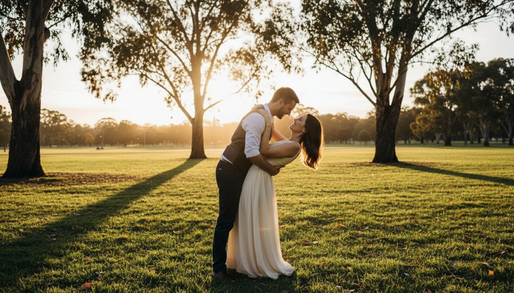 A stunning, cinematic 'epic moment' photograph of a couple embracing passionately during their Wantirna South romantic sunset engagement photography session in Wantirna South, bathed in the golden hour light, with lush Australian parklands in the background, showcasing their genuine connection.