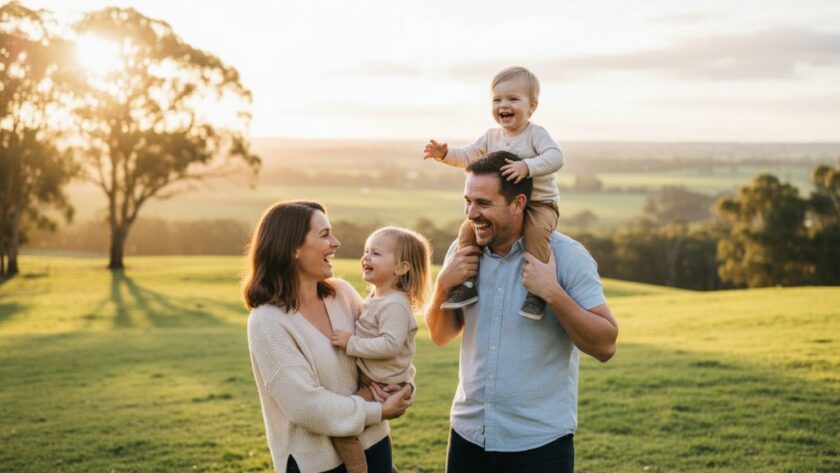 An intimate, emotionally charged photograph capturing an authentic, joyous family moment during a Warragul Candid Photography Capturing Real Moments session, with the rolling Gippsland hills in the background at sunset, showcasing genuine connection and love.
