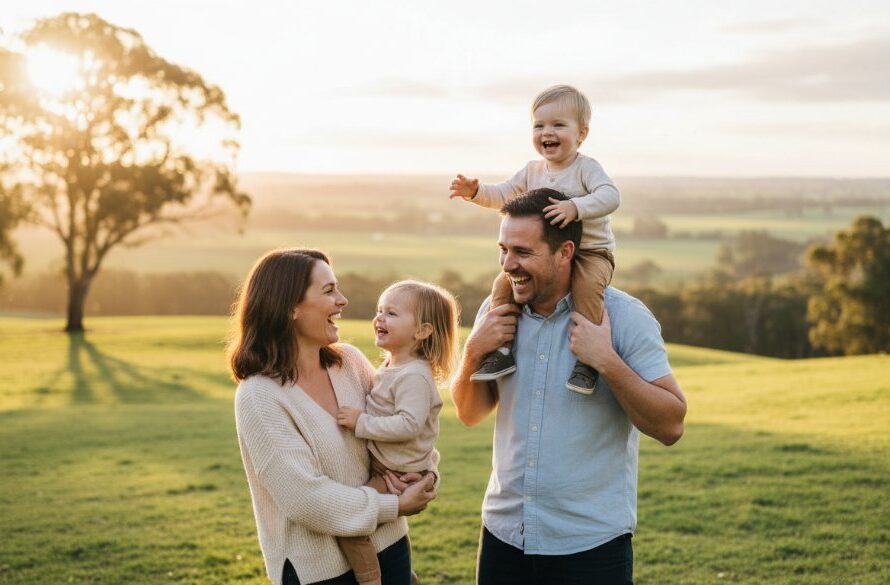 An intimate, emotionally charged photograph capturing an authentic, joyous family moment during a Warragul Candid Photography Capturing Real Moments session, with the rolling Gippsland hills in the background at sunset, showcasing genuine connection and love.