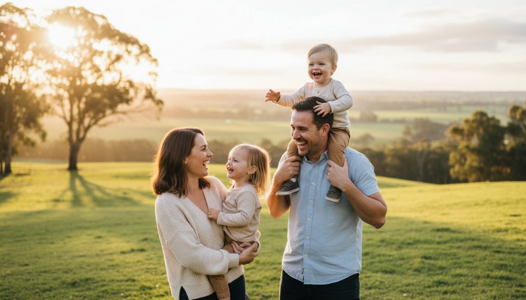 An intimate, emotionally charged photograph capturing an authentic, joyous family moment during a Warragul Candid Photography Capturing Real Moments session, with the rolling Gippsland hills in the background at sunset, showcasing genuine connection and love.