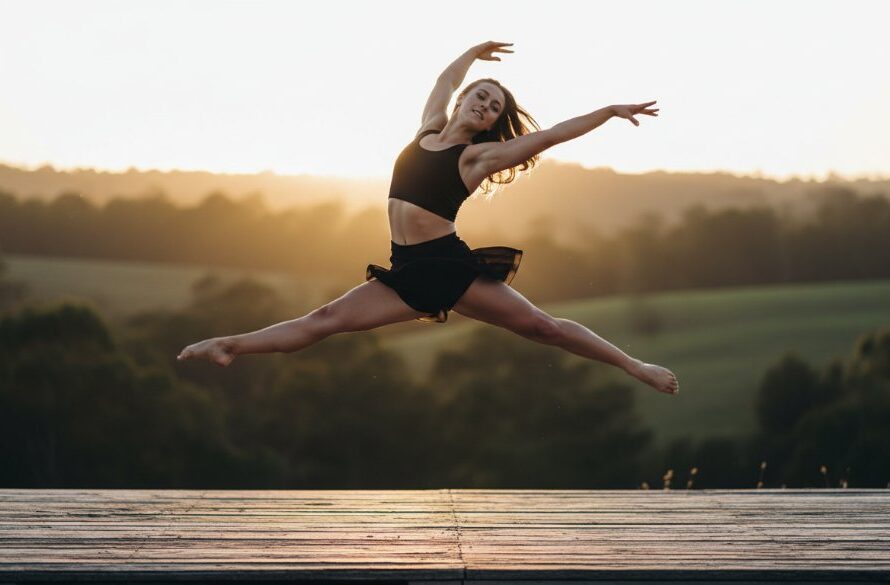 Dynamic full-body shot of a contemporary dancer mid-leap, silhouetted against a golden Warragul sunset, capturing the raw emotion and movement inherent in Warragul contemporary dance photography emotive storytelling.