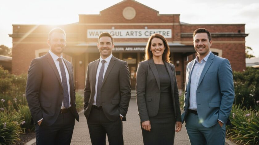 Dynamic and dramatic 'epic moment' style photograph showcasing Warragul Corporate Photography for Executive Branding, featuring a diverse group of confident business professionals networking in a modern, sunlit Warragul co-working space, shot with professional lighting and vivid colour grading.