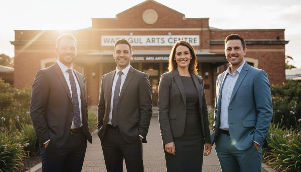 Dynamic and dramatic 'epic moment' style photograph showcasing Warragul Corporate Photography for Executive Branding, featuring a diverse group of confident business professionals networking in a modern, sunlit Warragul co-working space, shot with professional lighting and vivid colour grading.