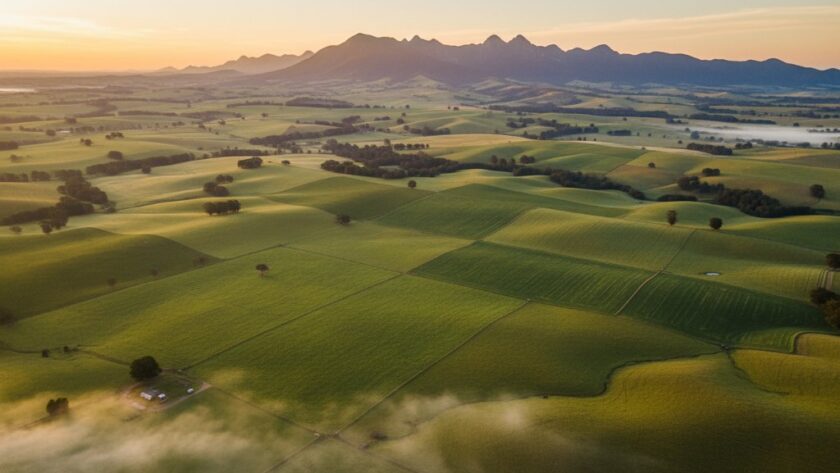 An epic, wide-angle drone photograph showcasing the breathtaking rolling green hills of Warragul, Victoria, with the majestic Baw Baw Ranges in the distance, bathed in the golden light of sunrise, perfectly illustrating Warragul drone photography for stunning Baw Baw vistas.