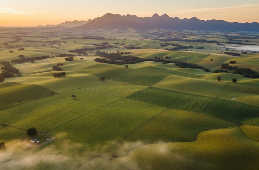 An epic, wide-angle drone photograph showcasing the breathtaking rolling green hills of Warragul, Victoria, with the majestic Baw Baw Ranges in the distance, bathed in the golden light of sunrise, perfectly illustrating Warragul drone photography for stunning Baw Baw vistas.