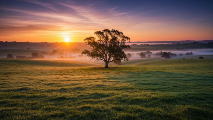 A dramatic, wide-angle shot of a majestic sunrise over the rolling green hills of Warragul, Victoria, with morning mist creating an ethereal glow. A lone, ancient gum tree stands silhouetted against the vibrant sky. The image embodies Warragul fine art photography capturing Gippsland's soul through its breathtaking beauty and powerful composition, showcasing professional color grading and cinematic quality.