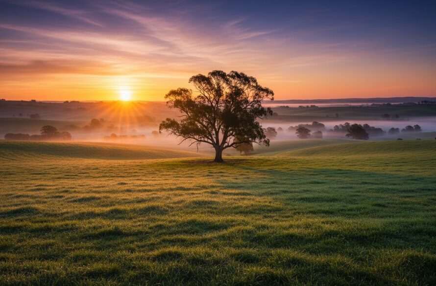 A dramatic, wide-angle shot of a majestic sunrise over the rolling green hills of Warragul, Victoria, with morning mist creating an ethereal glow. A lone, ancient gum tree stands silhouetted against the vibrant sky. The image embodies Warragul fine art photography capturing Gippsland's soul through its breathtaking beauty and powerful composition, showcasing professional color grading and cinematic quality.