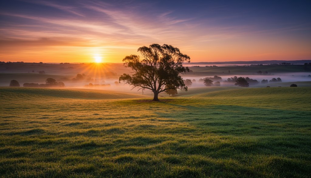 A dramatic, wide-angle shot of a majestic sunrise over the rolling green hills of Warragul, Victoria, with morning mist creating an ethereal glow. A lone, ancient gum tree stands silhouetted against the vibrant sky. The image embodies Warragul fine art photography capturing Gippsland's soul through its breathtaking beauty and powerful composition, showcasing professional color grading and cinematic quality.