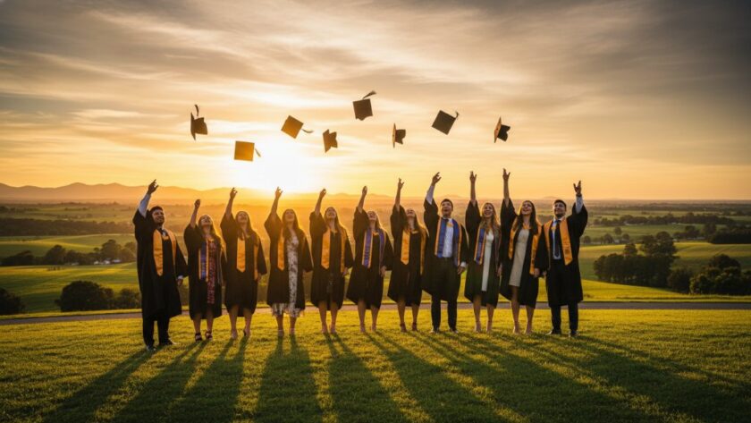 A group of joyous graduates in Warragul celebrating with their caps thrown high against a golden sunset, embodying the spirit of Warragul Graduation Photography Capturing Your Achievement, with rolling green hills in the background.