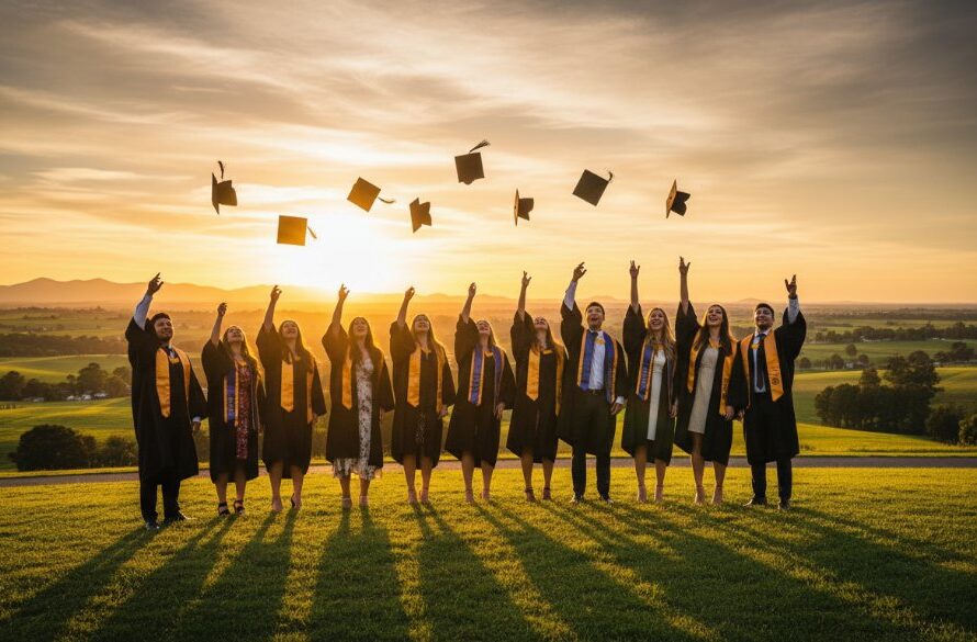 A group of joyous graduates in Warragul celebrating with their caps thrown high against a golden sunset, embodying the spirit of Warragul Graduation Photography Capturing Your Achievement, with rolling green hills in the background.