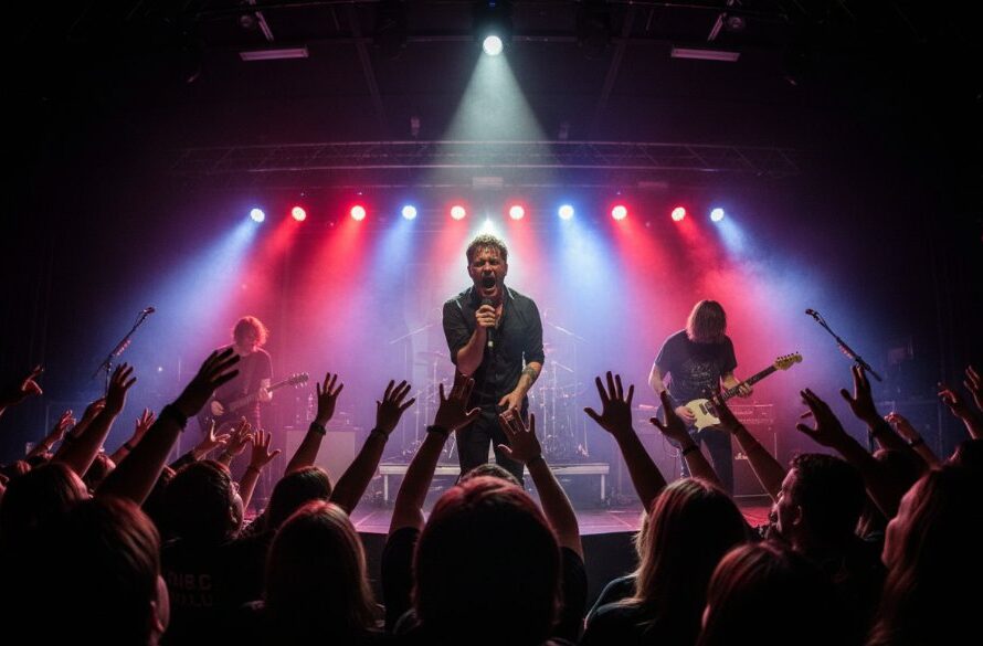 An electrifying close-up shot of a lead guitarist mid-solo on stage in Warragul, capturing Warragul live music photography epic moments with dramatic backlighting and a passionate crowd visible in the blurred background.