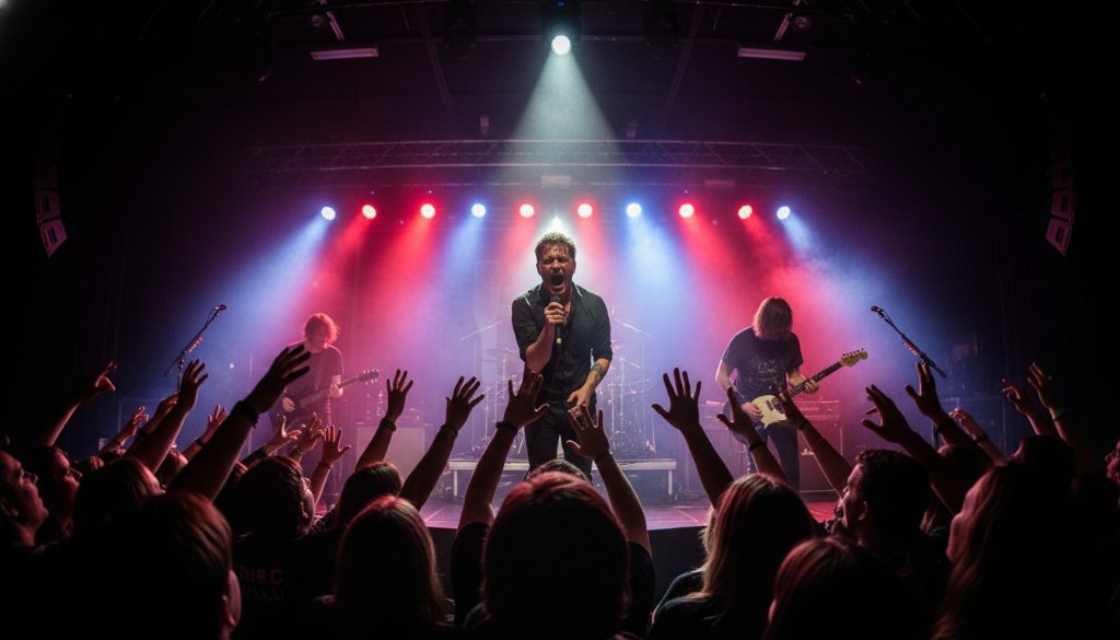 An electrifying close-up shot of a lead guitarist mid-solo on stage in Warragul, capturing Warragul live music photography epic moments with dramatic backlighting and a passionate crowd visible in the blurred background.