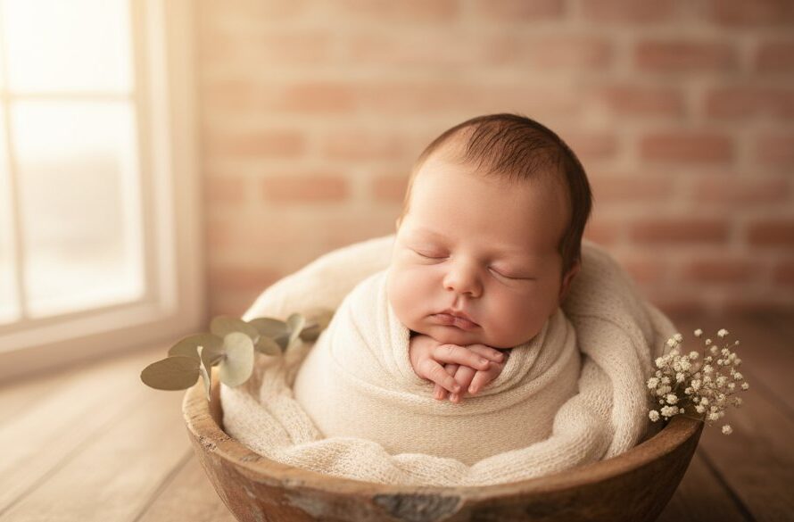 A heartwarming, art-directed photograph capturing Warragul newborn photography artistic captures, featuring a sleeping baby cradled by parents' hands in a rustic Warragul studio setting, bathed in soft, ethereal light.