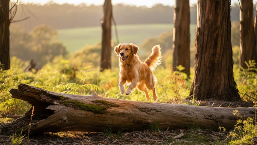 A vibrant, professionally captured image from Warragul pet photography capturing joyous outdoor moments, featuring a golden retriever mid-leap over a fallen log in a sun-dappled Warragul forest, tail wagging, with the Warragul hills in the soft background, showcasing pure canine joy and dynamic movement.