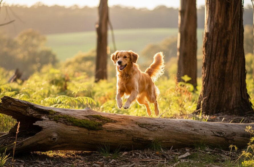 A vibrant, professionally captured image from Warragul pet photography capturing joyous outdoor moments, featuring a golden retriever mid-leap over a fallen log in a sun-dappled Warragul forest, tail wagging, with the Warragul hills in the soft background, showcasing pure canine joy and dynamic movement.