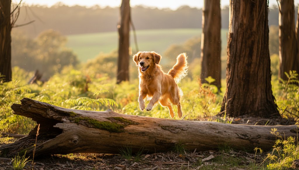 A vibrant, professionally captured image from Warragul pet photography capturing joyous outdoor moments, featuring a golden retriever mid-leap over a fallen log in a sun-dappled Warragul forest, tail wagging, with the Warragul hills in the soft background, showcasing pure canine joy and dynamic movement.