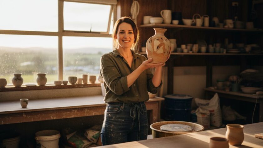 An inspiring moment captured during Warragul professional branding photography for a Gippsland artisan, showcasing her passionately crafting bespoke pottery in a sunlit studio, with the rustic Warragul countryside visible through a large window, embodying authenticity and local craftsmanship.