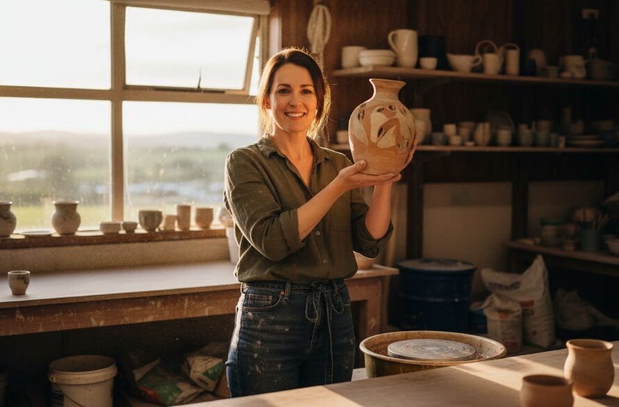 An inspiring moment captured during Warragul professional branding photography for a Gippsland artisan, showcasing her passionately crafting bespoke pottery in a sunlit studio, with the rustic Warragul countryside visible through a large window, embodying authenticity and local craftsmanship.