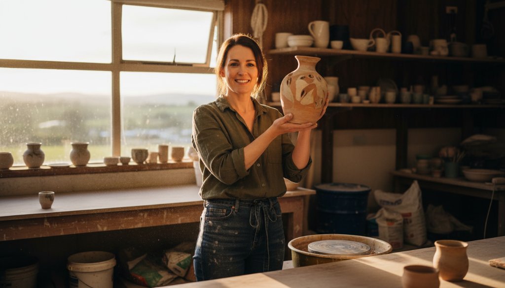 An inspiring moment captured during Warragul professional branding photography for a Gippsland artisan, showcasing her passionately crafting bespoke pottery in a sunlit studio, with the rustic Warragul countryside visible through a large window, embodying authenticity and local craftsmanship.